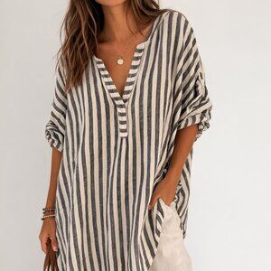 Jane Delangey Rolled Sleeve Long Line Tunic Striped Top Size 1X Oversized Casual